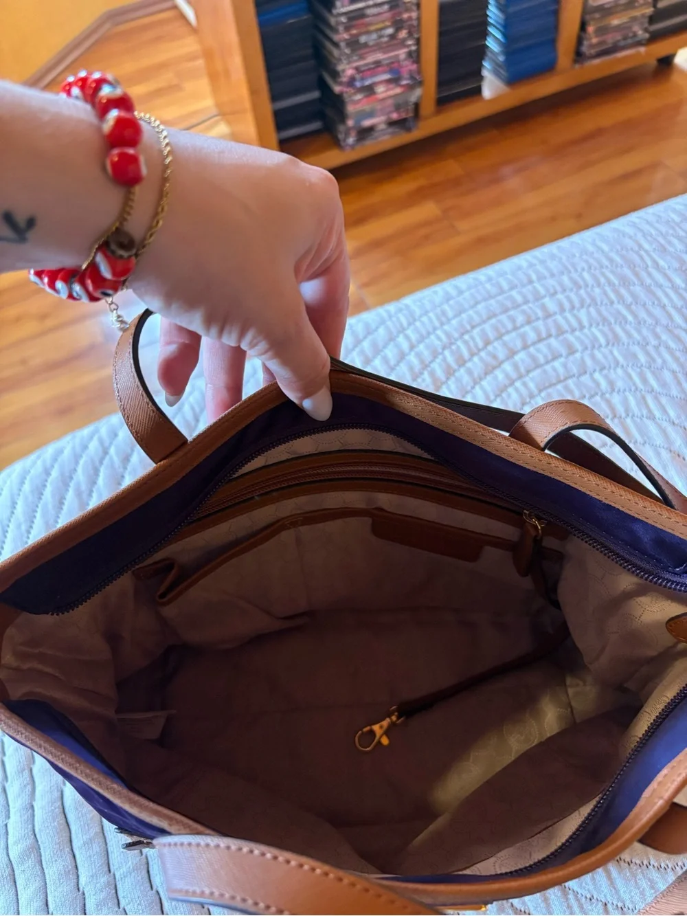 Michael Kors Purple Tote with Tan Leather Trim and Gold Hardware